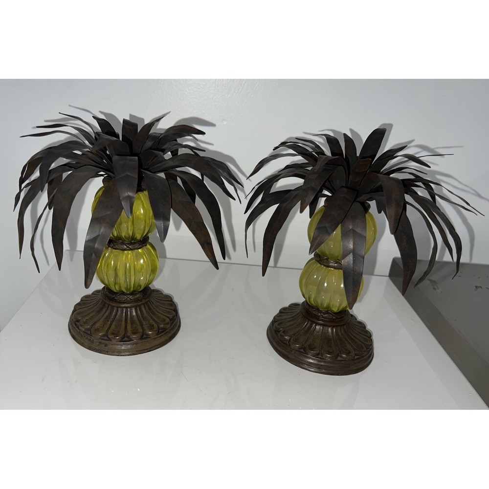 (8/B24)2 vintage pineapple candle holders Yellow Plastic‎ Body And Metal Leaves